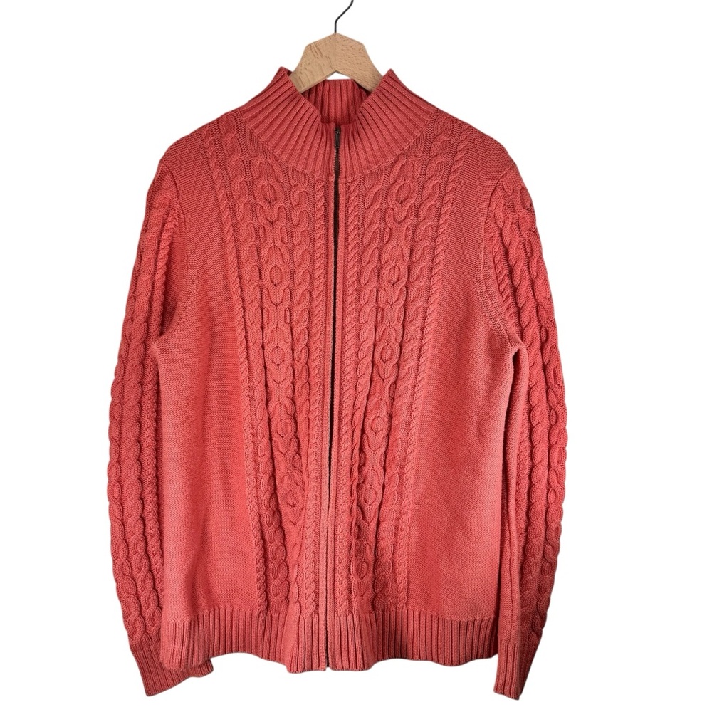 L.L. Bean Zip Up Women’s XL Coral Cotton Knit Sweater Gorpcore Fisherman Cozy